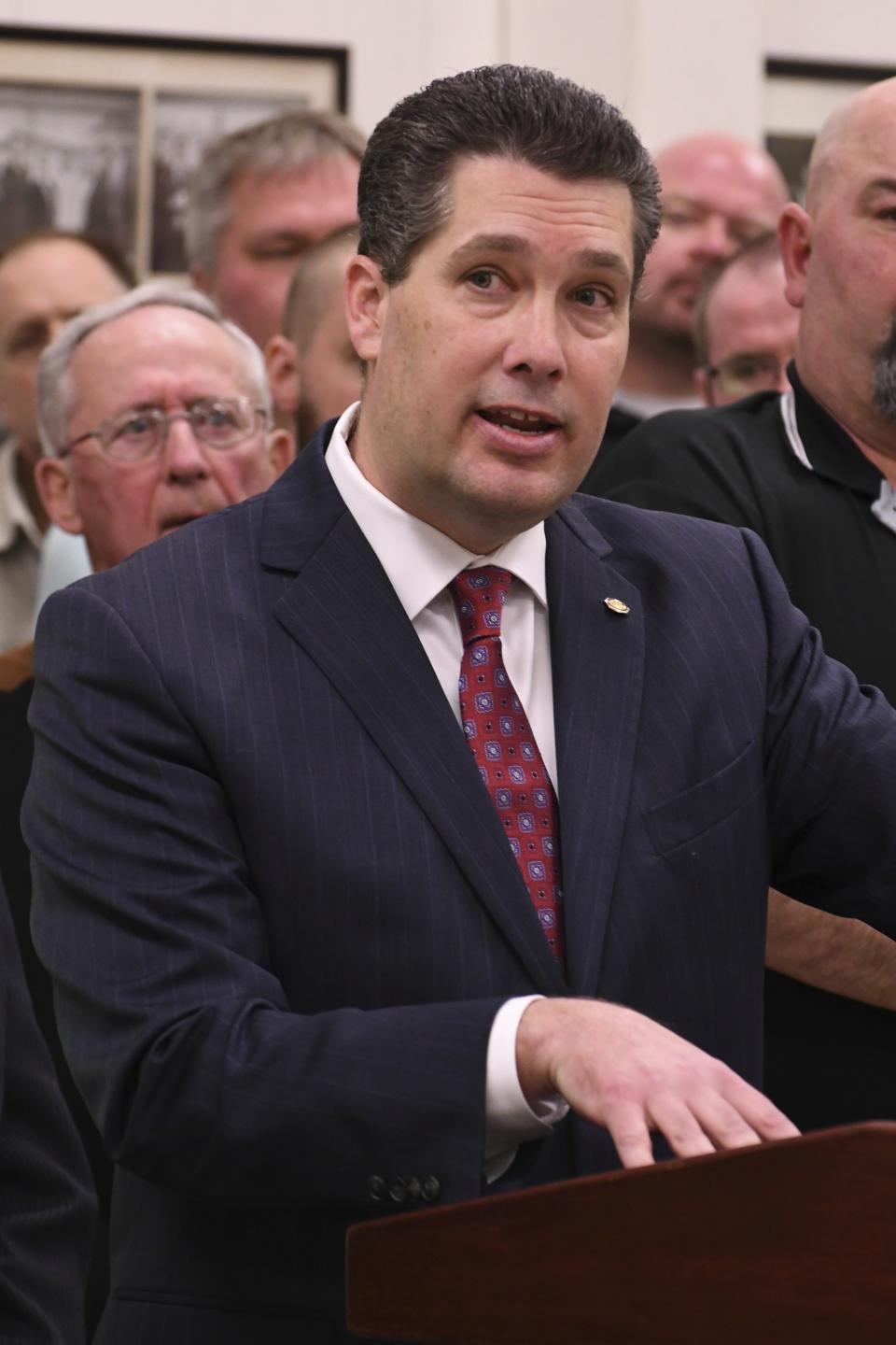 At a news conference at an Ironworkers union hall, Pennsylvania lawmaker Rep. Thomas Mehaffie discusses legislation he is introducing to pump hundreds of millions of ratepayer dollars into the state's five nuclear power plants, Monday, March 11, 2019, in Harrisburg, Pa. (AP Photo/Marc Levy)