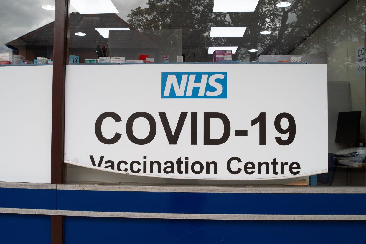 Harefield, UK. 3rd August, 2023. An NHS Covid-19 Vaccination Centre sign at a pharmacy in Harefield. Covid-19 cases are continuing to rise across the UK. A new Covid-19 variant known as Eris, EG.5.1 that has descended from the Omicron variant, is spreading across UK. The new variant already accounts for one in seven new cases according to the UK Health Security Agency (UKHSA). The Arcturus XBB.1.16 variant which is also a descendant of Omicron, is according to the UKHSA, the dominant strain making 39.4% of all cases. Credit: Maureen McLean/Alamy