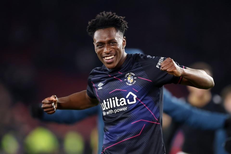 SHEFFIELD, ENGLAND: Albert Sambi Lokonga of Luton Town celebrates victory at full-time following the Premier League match between Sheffield United and Luton Town at Bramall Lane on December 26, 2023. (Photo by George Wood/Getty Images)