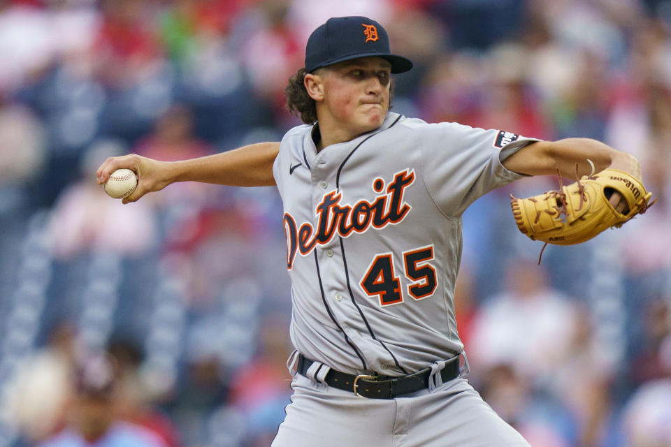 Detroit Tigers pitcher Reese Olson delivers during the second inning of the team's baseball game against the Philadelphia Phillies, Thursday, June 8, 2023, in Philadelphia. (AP Photo/Chris Szagola)