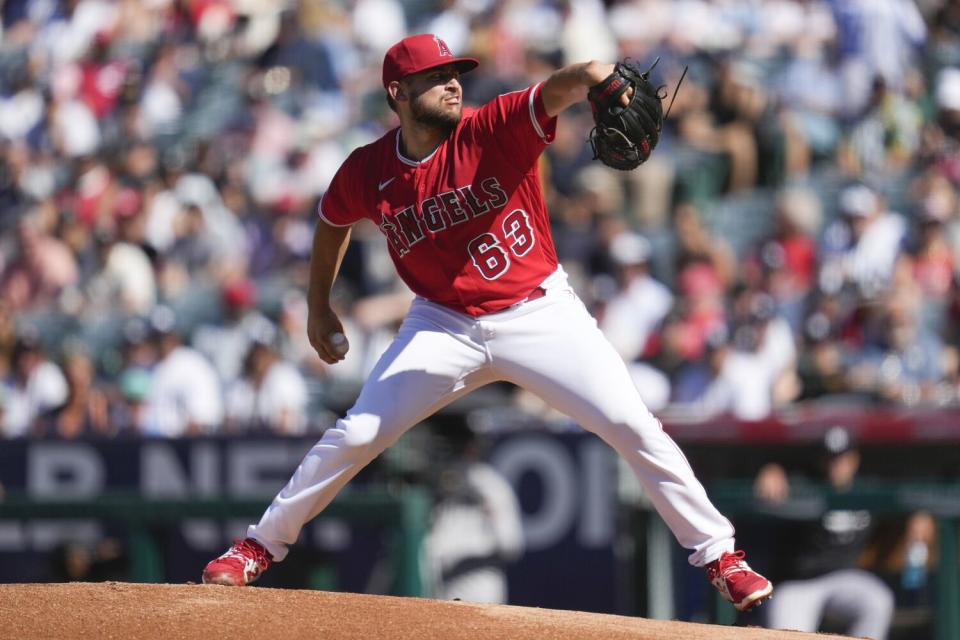 Chase Silseth pitches for the Angels.