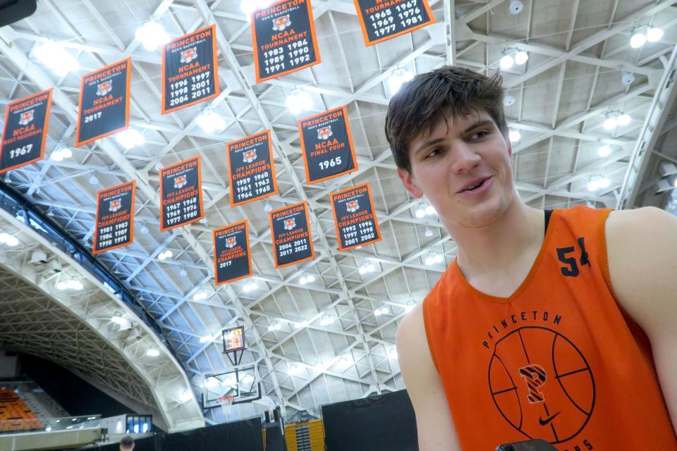 Princeton University Forward Zach Martini speaks with the media gathered at the University's Jadwin Gym Monday afternoon, March 20, 2023.  The team were preparing for their NCAA Sweet 16 appearance.