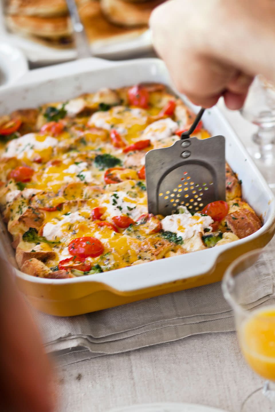 tomato cheddar strata with broccoli