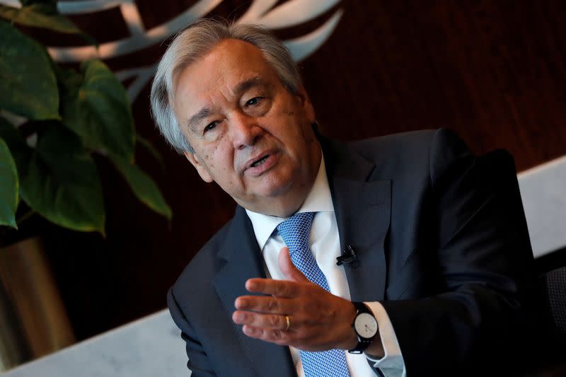 FILE PHOTO: United Nations Secretary-General Antonio Guterres during interview with Reuters at U.N. headquarters in New York