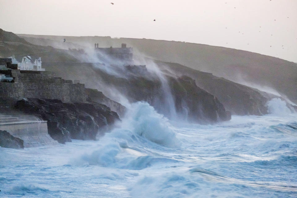 Waves hits Porthleven on the Cornish coast as Storm Eunice makes landfall. Picture date: Friday February 18, 2022.