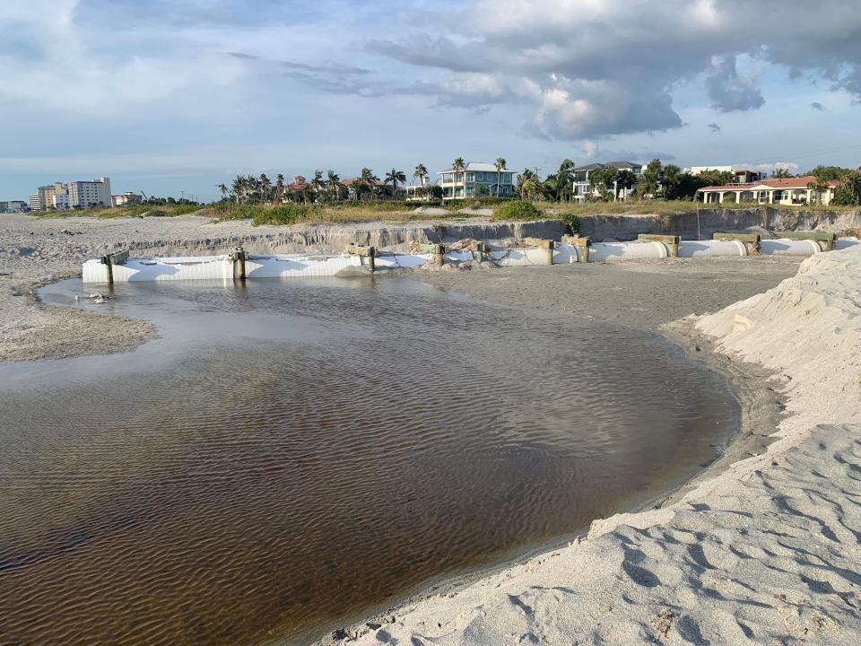 Hurricane Ian caused severe erosion damage to Alhambra Road just north of Venice Sands condominiums on Venice Beach. The erosion uncovered the twin pipes of Stormwater Outfall No. 2 and created a significant hazard for people on the beach.