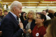 Democratic presidential candidate, former Vice President Joe Biden talks with supporters after at a campaign event in Reno, Nev., Monday, Feb. 17, 2020. (AP Photo/Rich Pedroncelli)