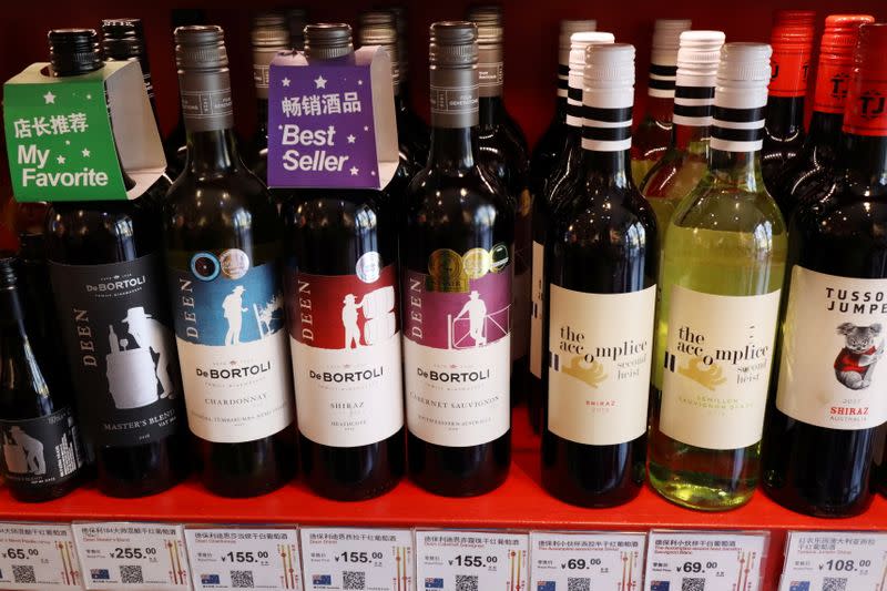 Bottles of Australian wine are seen at a store selling imported wine in Beijing