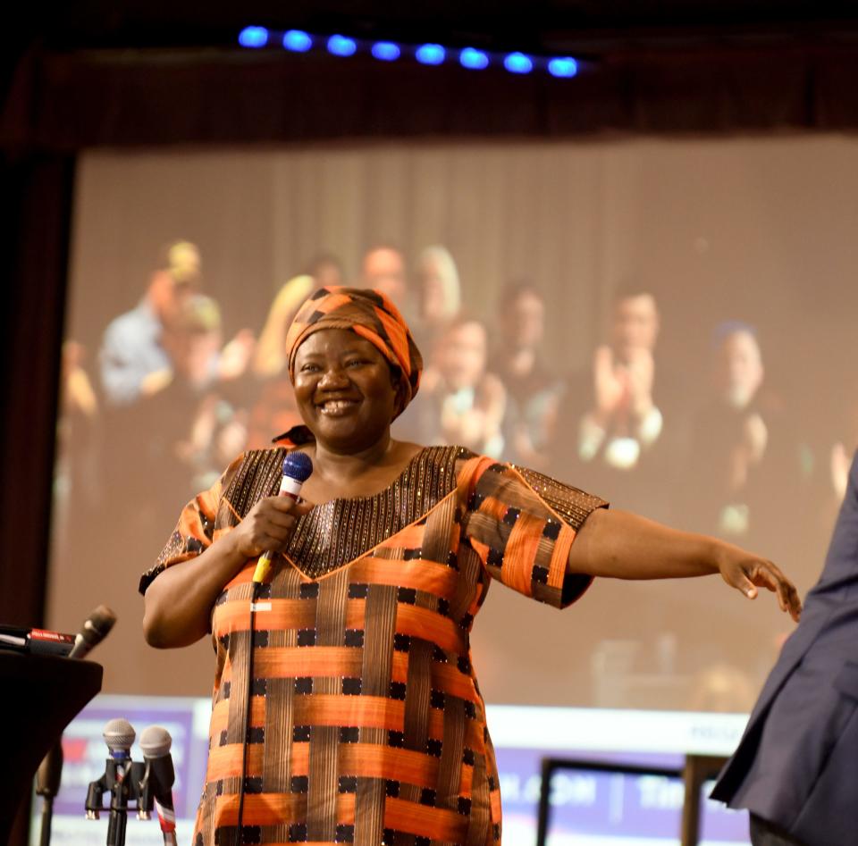 Dr. Stella Immanuel engages the crowd Friday at ReAwaken America Tour at Trinity Gospel Temple in Canton.