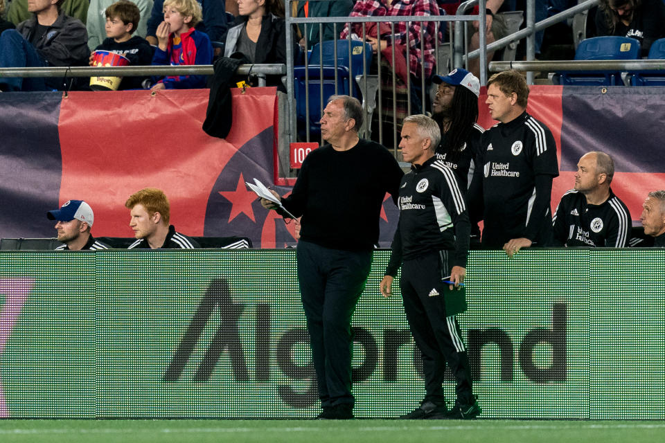 FOXBOROUGH, MA - MAY 28: New England Revolution coach Bruce Arena and New England Revolution assistant coach Richie Williams discuss strategy during a game between Philadelphia Union and New England Revolution at Gillette Stadium on May 28, 2022 in Foxborough, Massachusetts. (Photo by Andrew Katsampes/ISI Photos/Getty Images).