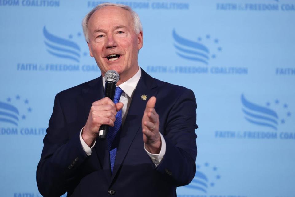 CLIVE, IOWA - APRIL 22: Republican presidential candidate former Arkansas Governor Asa Hutchinson speaks to guests at the Iowa Faith & Freedom Coalition Spring Kick-Off on April 22, 2023 in Clive, Iowa. Iowa is scheduled to hold the first Republican presidential nominating contest of 2024, on Feb. 5.