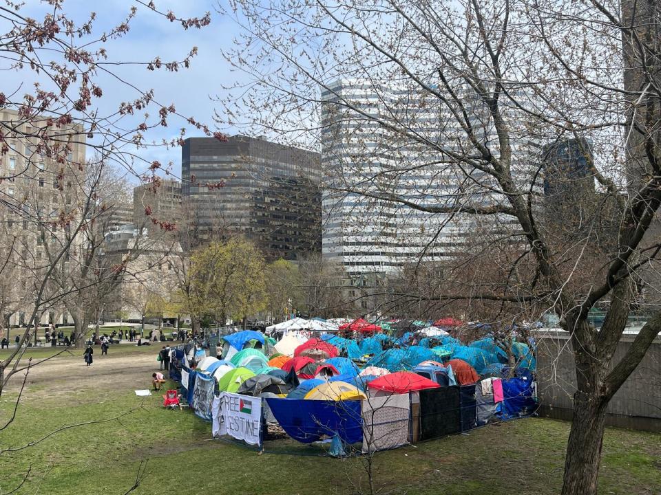 The pro-Palestinian encampment at McGill takes up a significant portion of the west side of the downtown campus's front lawn.