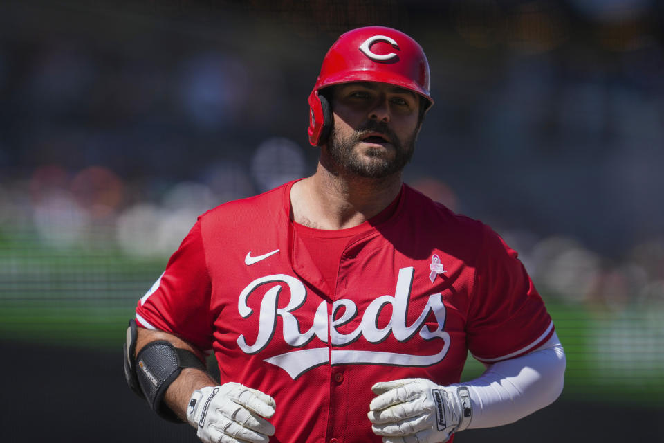 Cincinnati Reds' Mike Ford runs the bases after hitting a solo home run against the San Francisco Giants during the eighth inning of a baseball game Sunday, May 12, 2024, in San Francisco. (AP Photo/Godofredo A. Vásquez)
