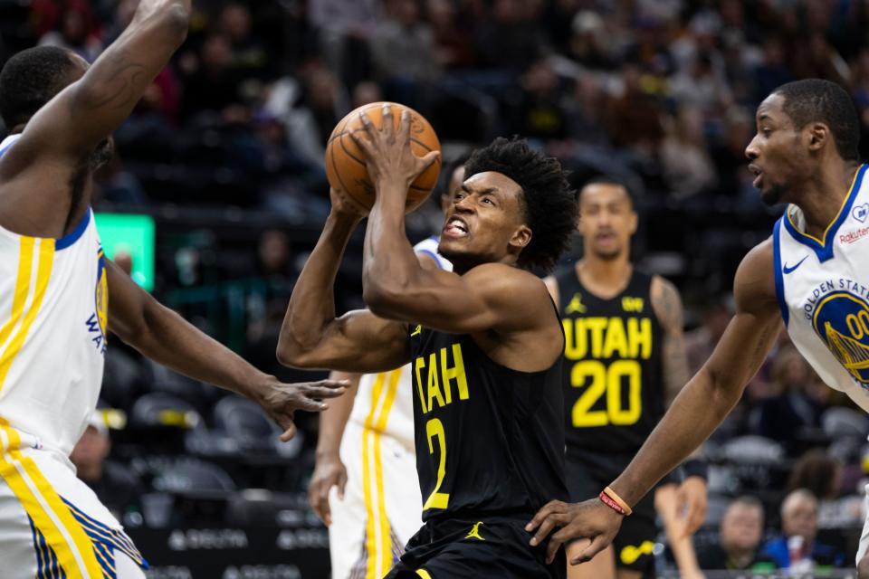 Utah Jazz guard Collin Sexton (2) looks to shoot the ball during a game against the Golden State Warriors at the Delta Center in Salt Lake City on Monday, Feb. 12, 2024. | Marielle Scott, Deseret News