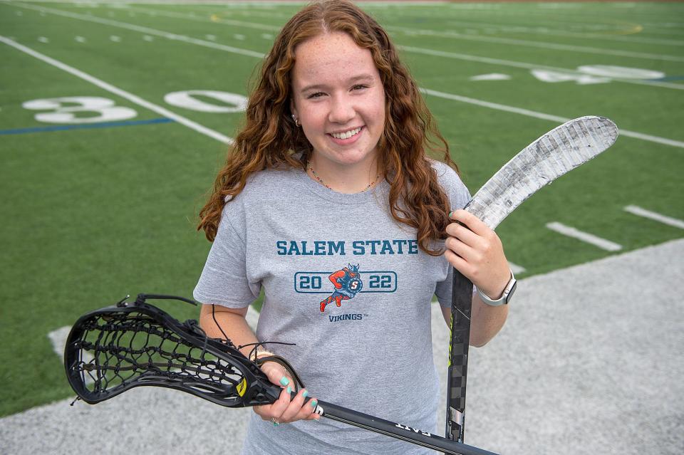 Milford High School graduate Aislinn Bennett will play lacrosse and hockey at Salem State, pictured here at the high school field on July 8.