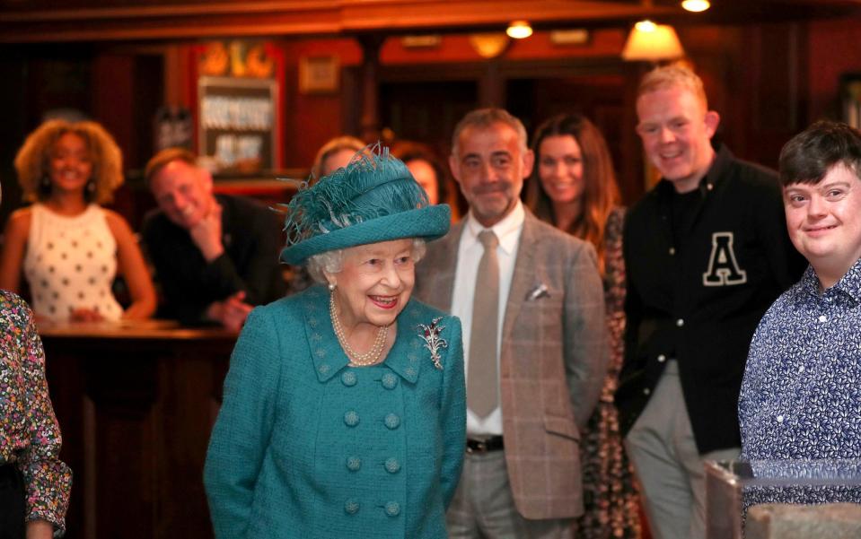 The Queen meets actors and members of the production team during a visit to the set of Coronation Street at the ITV Studios, Media City UK, Manchester - Scott Heppell/PA Wire