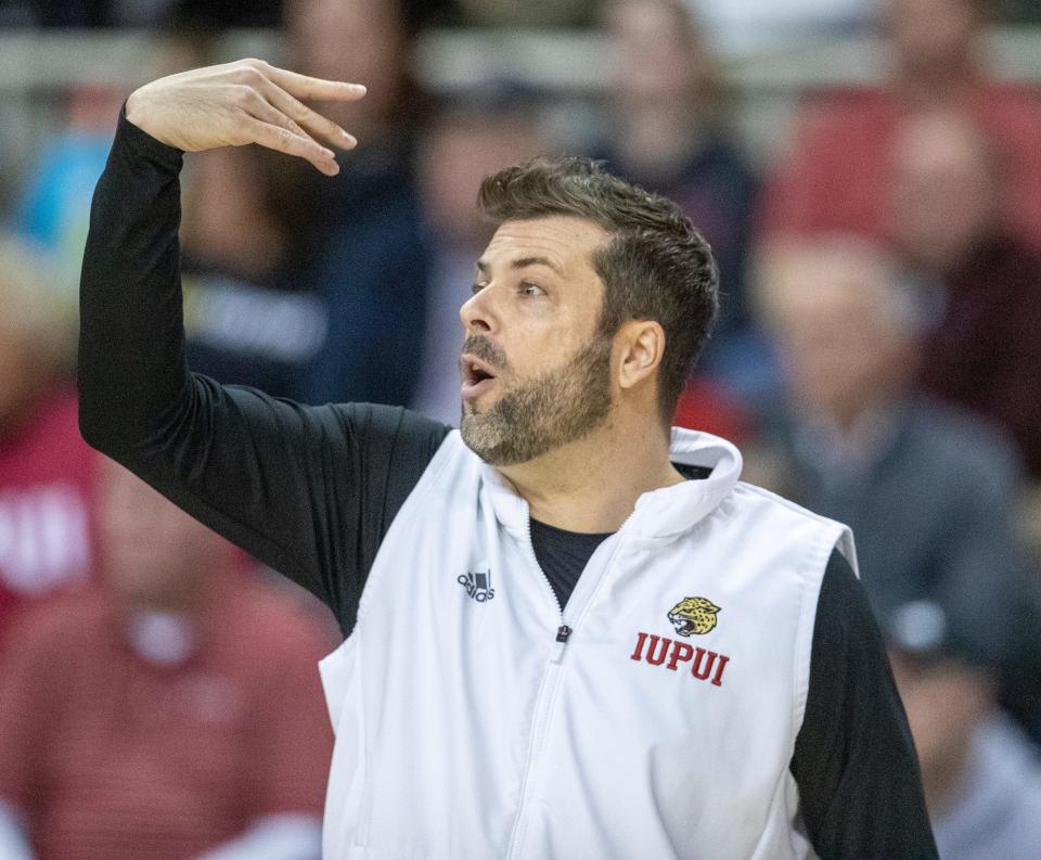 IUPUI Jaguars head coach Austin Parkinson, Tuesday, March 8, 2022, during Horizon League tournament women’s finals action from Indianapolis’ Indiana Farmers Coliseum. IUPUI won 61-54, 