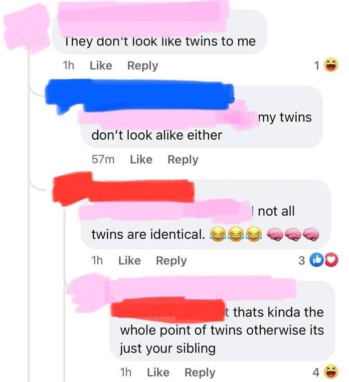 Person says twins don't look alike, and when someone says not all twins are identical, person says isn't that kind of the point, otherwise they're just siblings, not twins