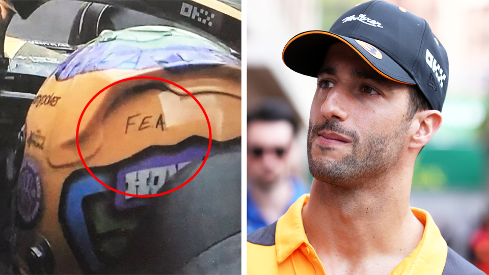 F1 star Daniel Ricciardo (pictured right) before a race in Monaco and (pictured left) an acronym he scribbled on his helmet.