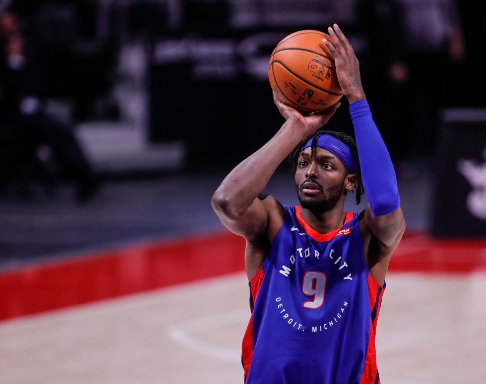 Jerami Grant attempts a free throw against the Nets on Tuesday.