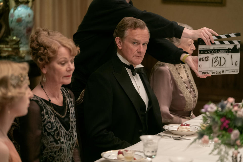 Laura Carmichael, Samantha Bond, Hugh Bonneville and Maggie Smith on the set of Downton Abbey: A New Era (Ben Blackall/Focus Features)