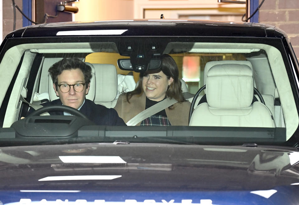 The Queen's granddaughter and her husband Jack Brooksbank were pictured leaving the hospital with their son on Friday. (Getty Images)