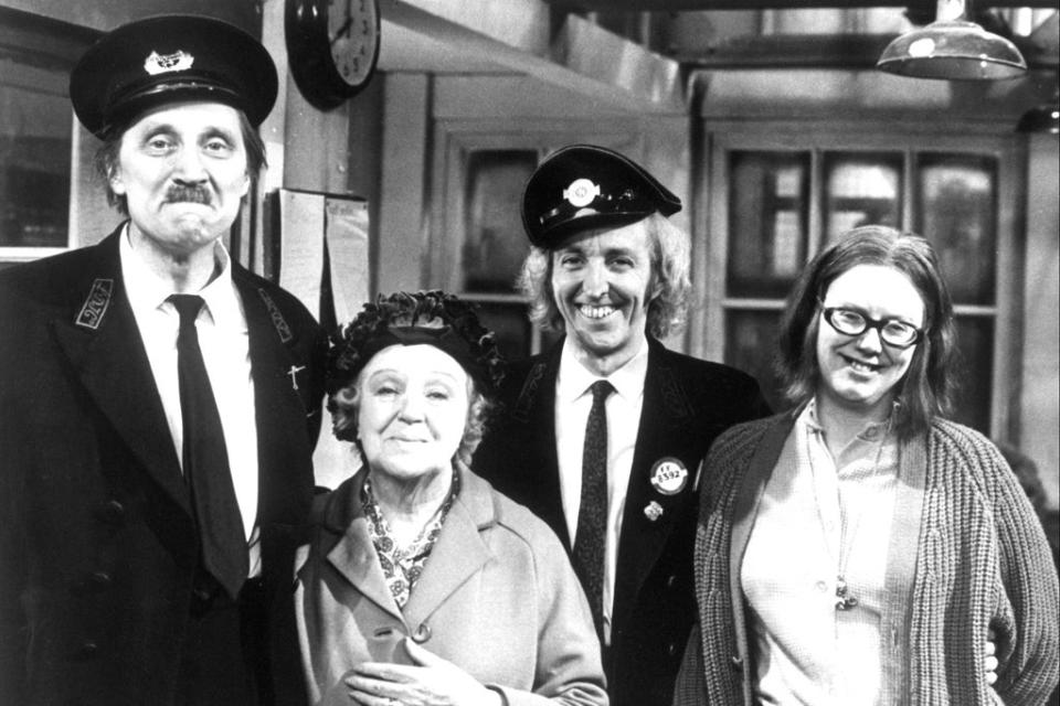 Stephen Lewis (left), Doris Hare (left-centre), Bob Grant (right-centre) and Anna Karen from On the Buses. (PA)