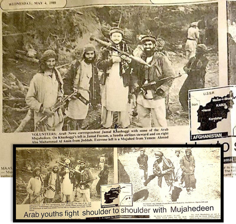 Tears from the Arab News May 4, 1988 article with Jamal Khashoggi pictured with a rocket launcher; and, below, Osama bin Laden seen in the photo on the right.