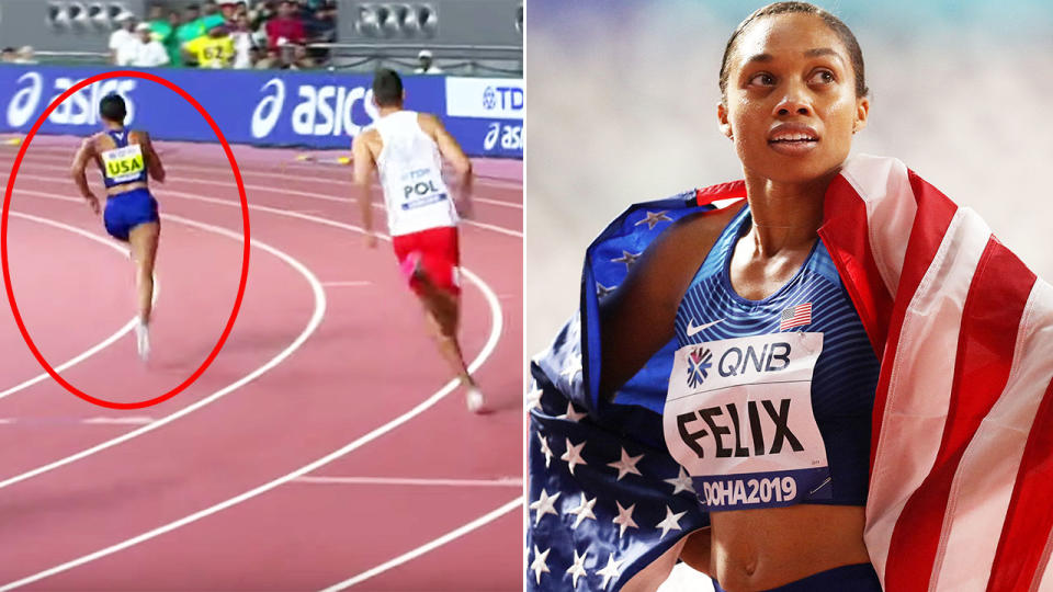 Allyson Felix, pictured here in action during the mixed 4x400m relay at the world championships.