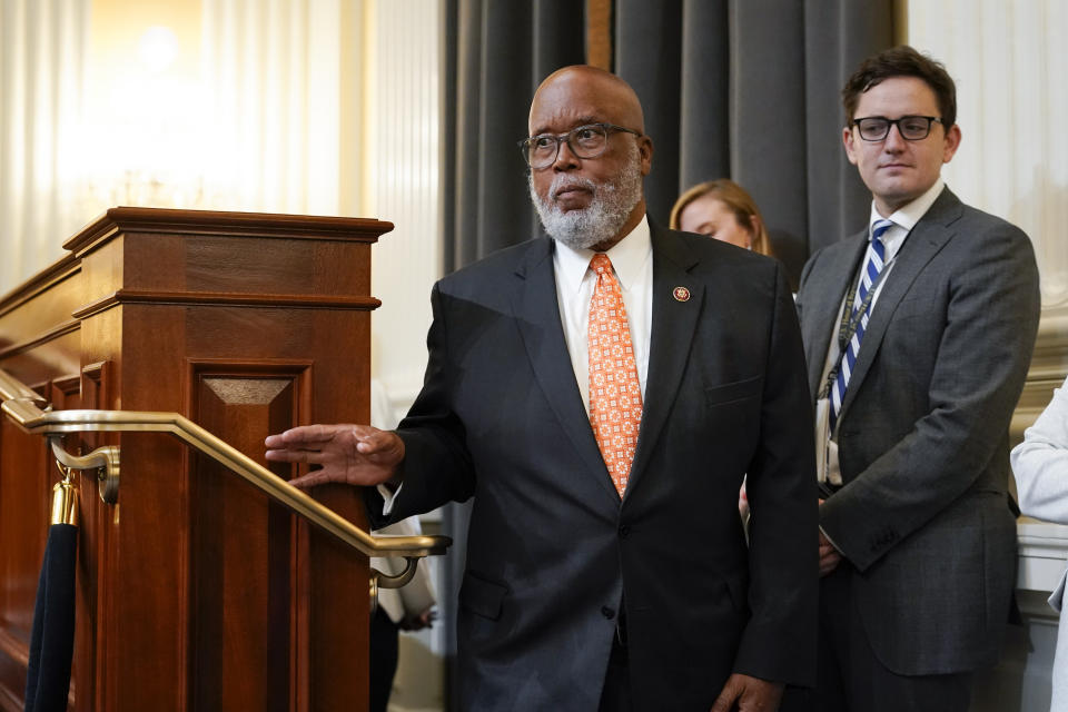 Chairman Bennie Thompson, D-Miss., arrives as the House select committee investigating the Jan. 6 attack on the U.S. Capitol continues to reveal its findings of a year-long investigation, at the Capitol in Washington, Thursday, June 23, 2022. (AP Photo/J. Scott Applewhite)