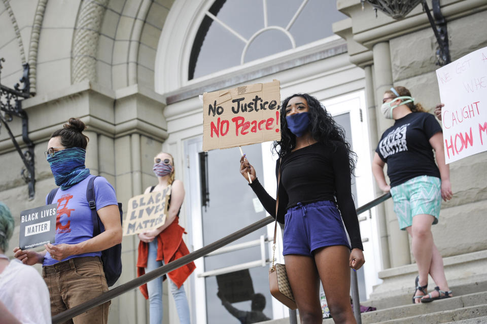 Protesters gather on the steps of the City-County Building in Helena, Montana, on May 29 in solidarity with nationwide protests over the police killing of George Floyd. (Photo: Thom Bridge/Independent Record via Associated Press)