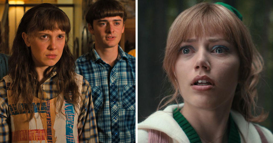 L: Millie Bobby Brown and Noah Schnapp in season 4 of Stranger Things. R: Grace Van Dien as Chrissy Cunningham on Stranger Things