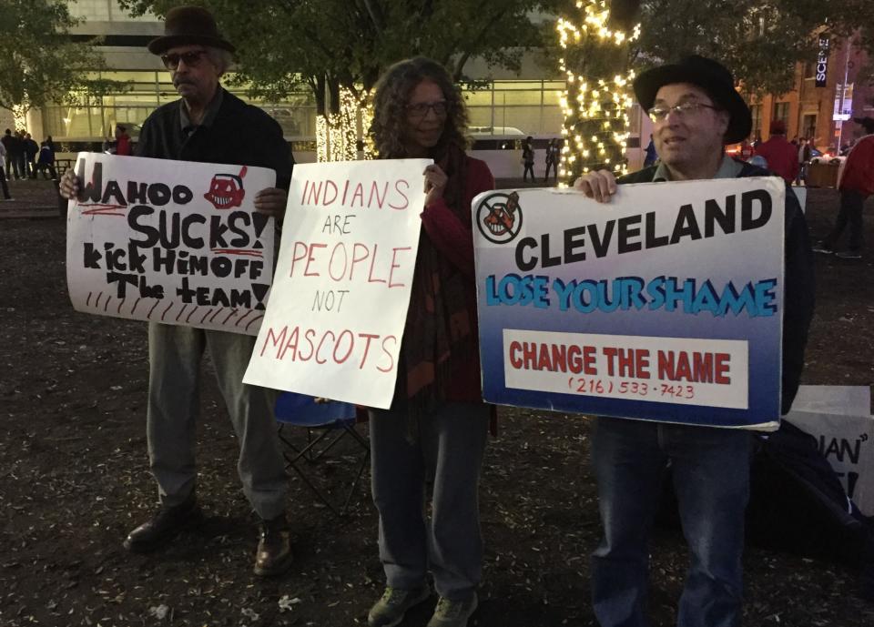 Protestors outside of World Series Game 1 in Cleveland. (Yahoo Sports)