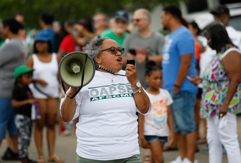 Columbus School Employees Association President Lois Carson rallied nonteaching union employees, including bus drivers, custodians, secretaries and aides, outside the board of education meeting on June 29, 2021. The union was negotiating a new contract with Columbus City Schools.