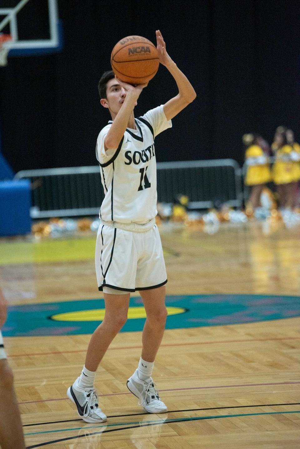 Pueblo South's Andres Cura warms up before the second half of a game against Pueblo East at the Southwest Motors Event Center on Thursday, February 2, 2024.