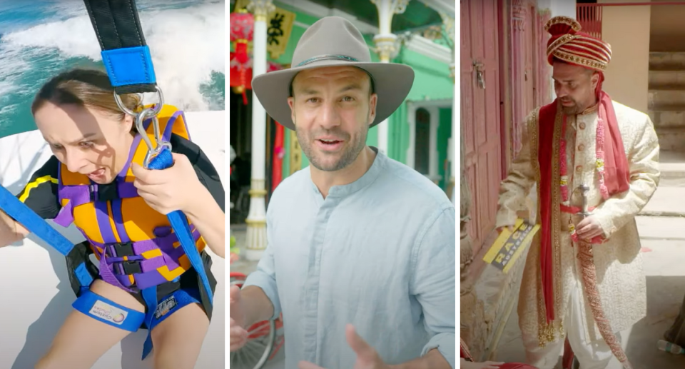  Jackie Gillies parasailing, Beau Ryan, George Mladenov in the The Amazing Race Australia: Celebrity Edition trailer.