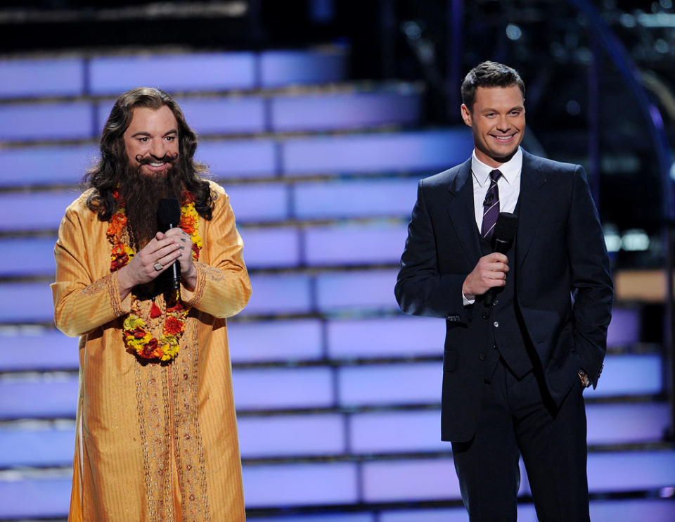 Mike Meyers as "The Love Guru" and Ryan Seacrest during the grand finale of "American Idol" Season 7.