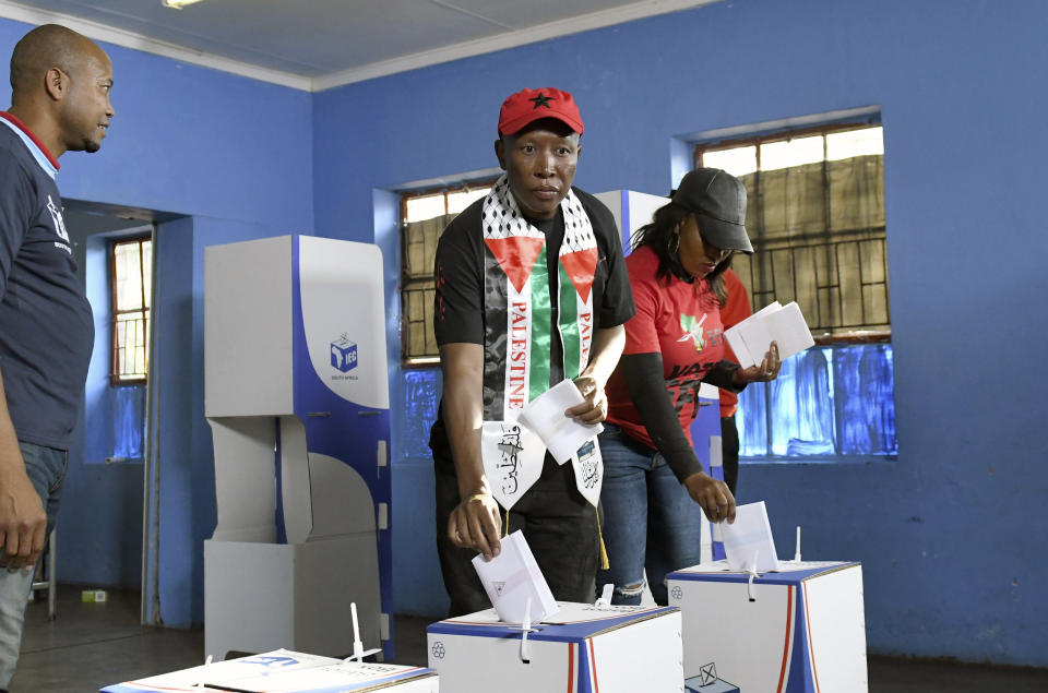 Opposition Economic Freedom Fighters (EFF) leader Julius Malema, casts his vote at a polling station in Polokwane, South Africa, Wednesday, May 29, 2024. South Africans have begun voting in an election seen as their country's most important in 30 years, and one that could put their young democracy in unknown territory. (AP Photo)