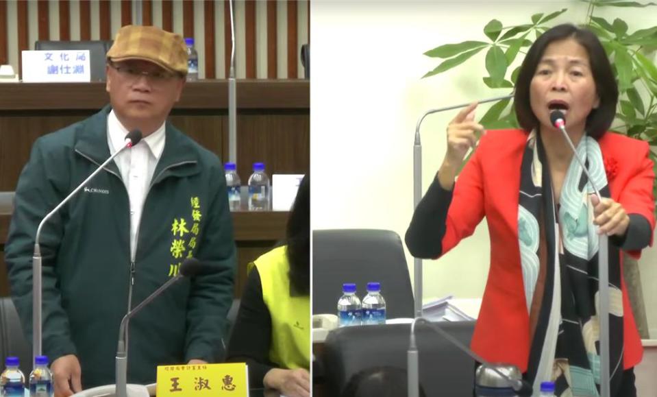 台南市議會11日開臨時會，國民黨籍市議員王家貞（右）針對電價調漲有無因應措施，經發局長林榮川（左）回應，還在研擬中。（摘自台南市議會直播頻道網站／張毓翎台南傳真）