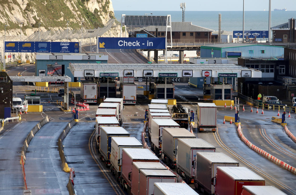 Lorries queue for the frontier control area at the Port of Dover in Kent, where freight Channel traffic is returning to normal levels following a quiet start to the year and the end of the transition period with the European Union on December 31. Picture date: Friday January 22, 2021.