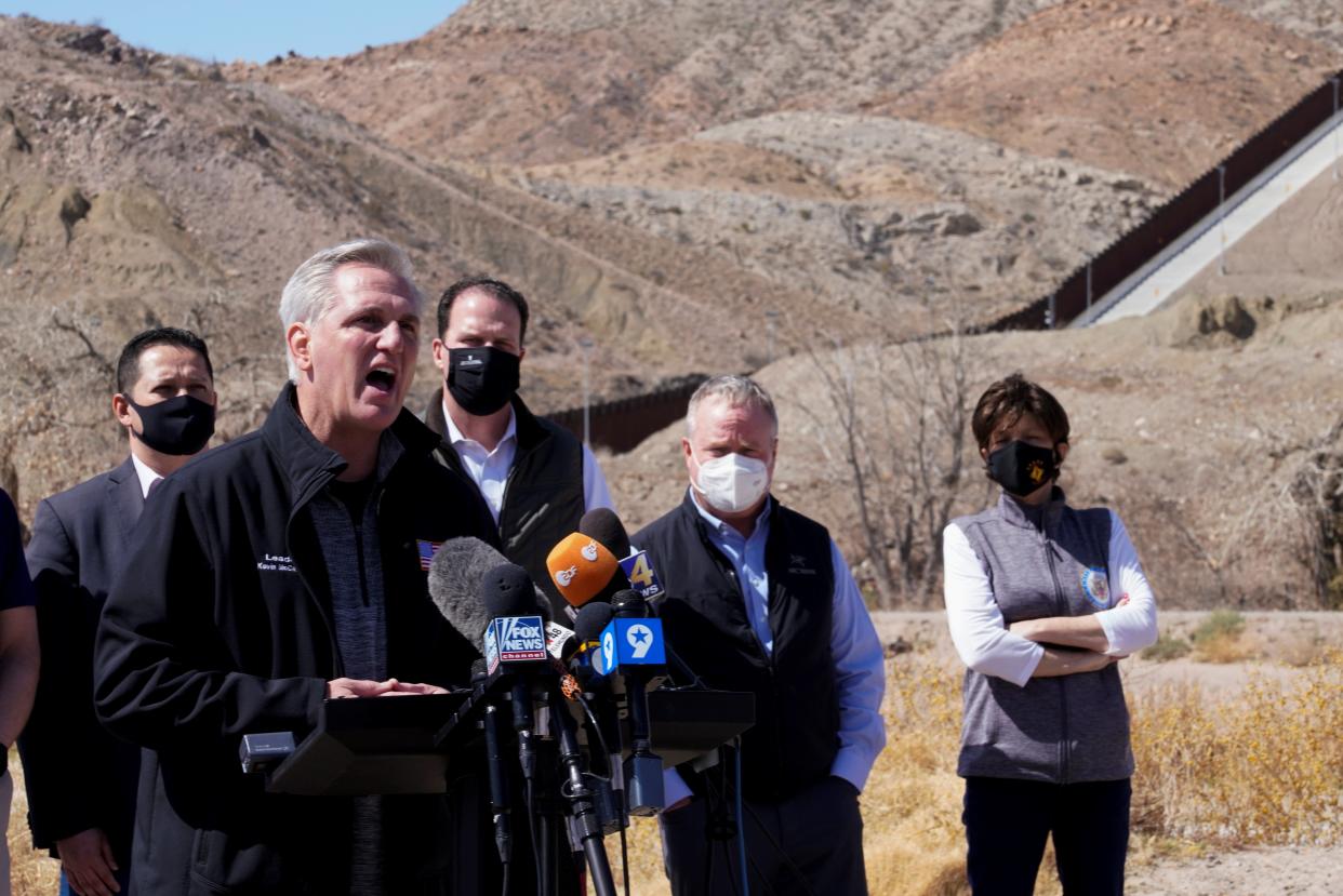 <p>House Minority Leader Kevin McCarthy speaks to the press during a tour for a delegation of Republican lawmakers of the US-Mexico border, in El Paso</p> (REUTERS)