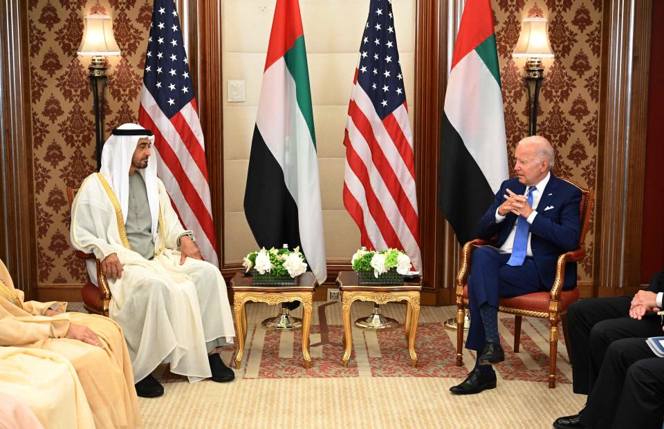 President Joe Biden meets with United Arab Emirates President Mohammed bin Zayed Al Nahyan in Saudi Arabia's Red Sea coastal city of Jeddah on July 16.