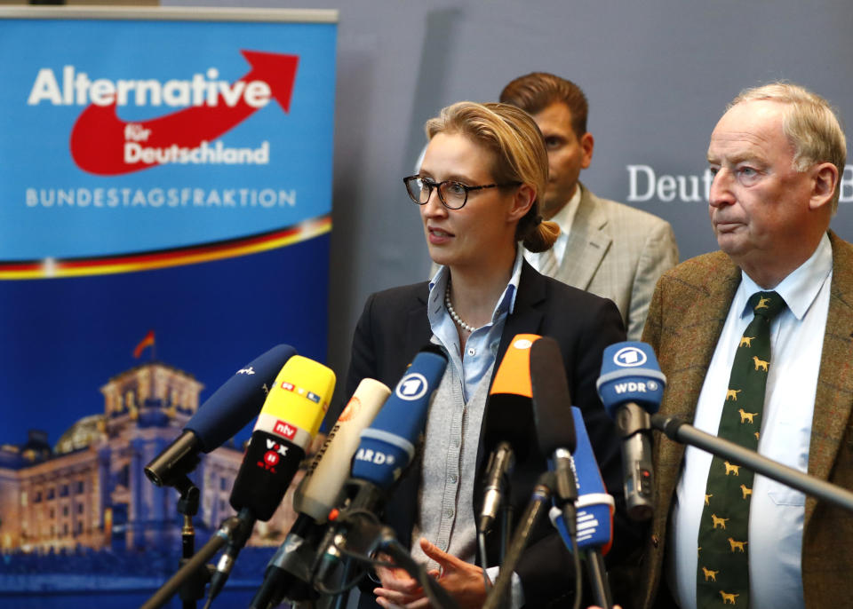 Anti-immigration AfD party top candidates Alice Weidel and Alexander Gauland make a statement after their first parliamentary meeting in Berlin on Tuesday.&nbsp; (Photo: Fabrizio Bensch / Reuters)
