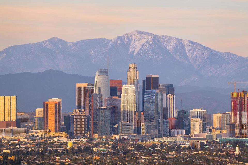 Los Angeles with Mount Baldy and the San Gabriel mountain range behind (Getty)