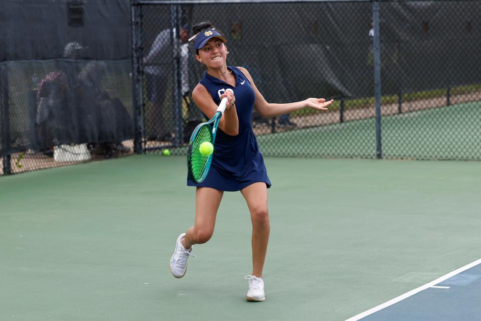 Casady's Emilia Mantilla hits a return during her singles match against Christian Heritage at Oklahoma City Tennis Center on Friday, May 3, 2024.