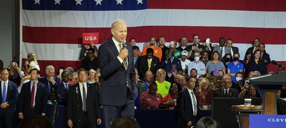 President Joe Biden speaks Wednesday during an appearance in Cleveland, where he opened his remarks with comments about the recent shooting death of Jayland Walker by Akron police.