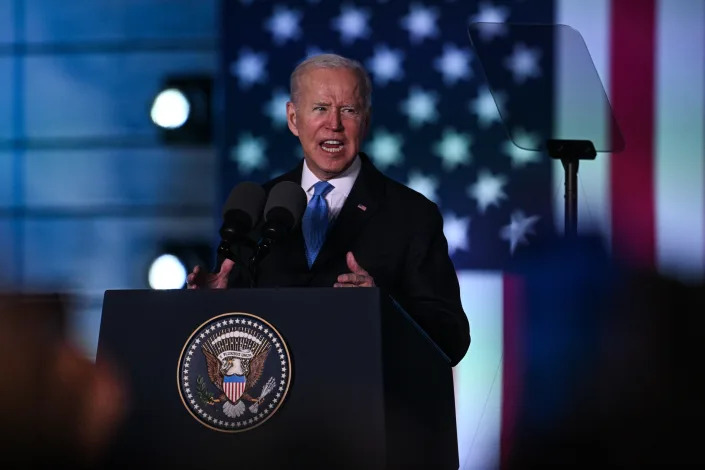 US President Joe Biden delivers a speech at the Royal Castle on March 26, 2022 in Warsaw, Poland. Biden visited with the Polish president as well as U.S. troops stationed near the Ukrainian border, bolstering NATO&#39;s eastern flank.