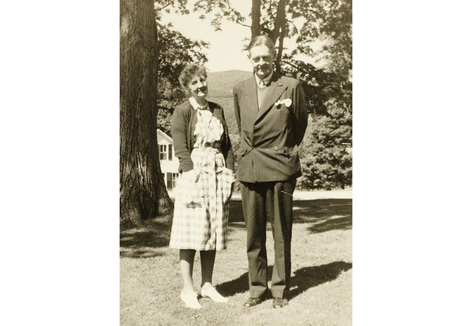 Emily Hale and T.S. Eliot pose in a 1946 family photo in Dorset, Vermont. After more than 60 years of sitting sealed up in a storage facility at Princeton University Library, about 1,000 letters written by poet T.S. Eliot to confidante Emily Hale will be unveiled, revealing the extent of their relationship that scholars have speculated about for decades. (Princeton University Library via AP)