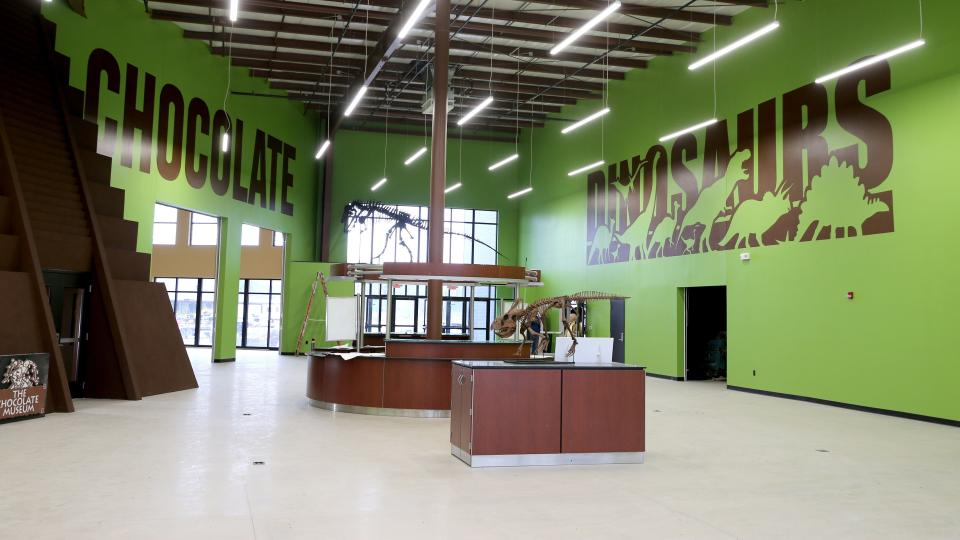 This Nov. 6, 2023, photo shows the lobby where the dinosaur museum and chocolate factory exhibits will be located at the site of the new Indiana Dinosaur Museum and South Bend Chocolate Factory complex on U.S. 20, west of the St. Joseph Valley Parkway.