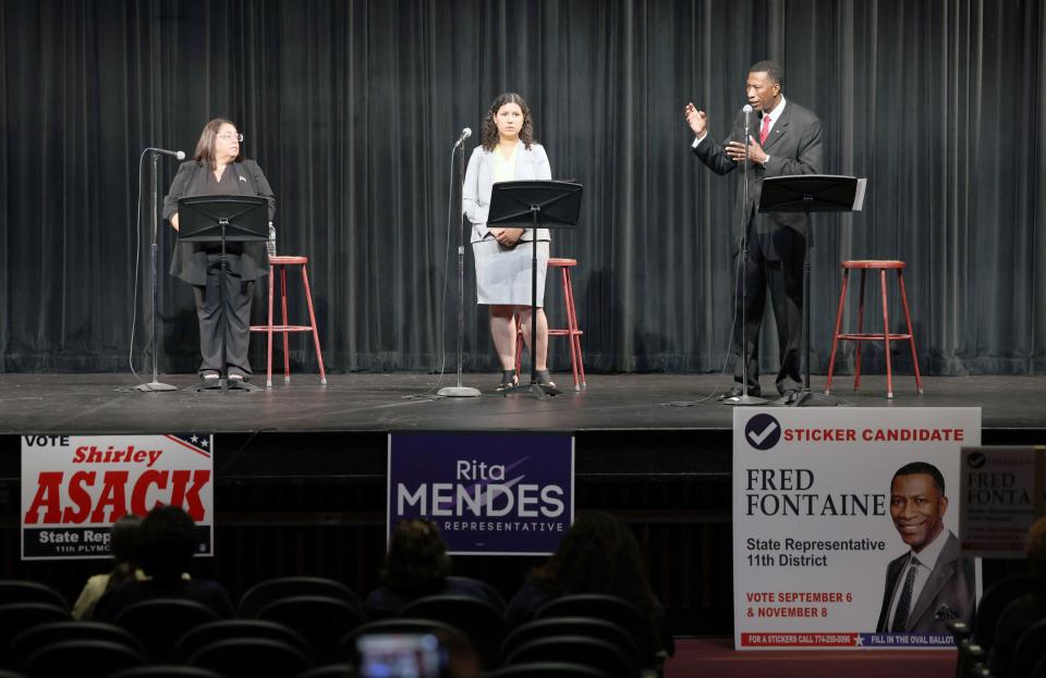 Candidates, from left, Shirley Asack, Rita Mendes and Fred Fontaine participate in a forum sponsored by the Brockton Area Branch NAACP at Brockton High School on Thursday, Aug. 25, 2022. They are vying for the new all-Brockton 11th Plymouth state representative seat.